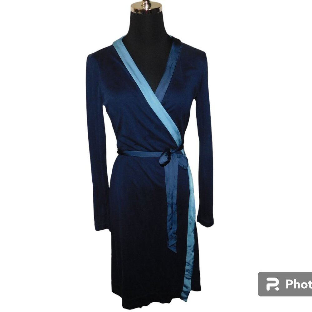 Diane Von Furstenberg Silk Navy Wrap Dress with Light Blue Trim